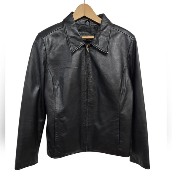 Vintage Jaclyn Smith Black Leather Full Zip Collared Jacket Large - Picture 1 of 5